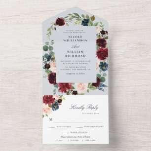 Invitation Tout En Un mariage à fleurs bordeaux bleu poussiéreux
