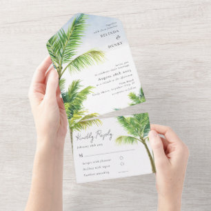 Invitation Tout En Un Mariage à la plage avec palmiers à l'aquarelle tou