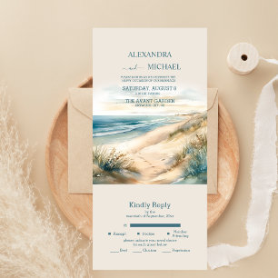 Invitation Tout En Un Mariage à la plage d'océan d'été à l'aquarelle