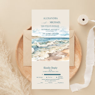 Invitation Tout En Un Mariage à la plage océane d'été à l'aquarelle