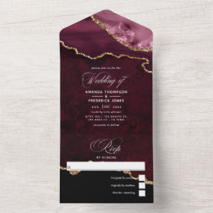 Invitation Tout En Un Mariage à l'agate bordeaux et or