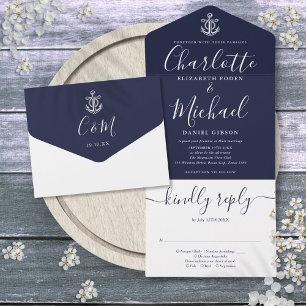 Invitation Tout En Un Mariage à l'ancre Navy Bleu Et Blanc Script