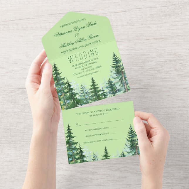 Invitation Tout En Un Mariage à l'aquarelle avec sapin (Déchirure)