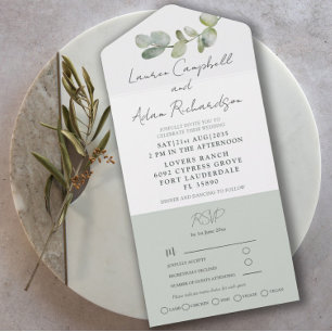 Invitation Tout En Un Mariage à l'aquarelle Eucalyptus Vert Sauge