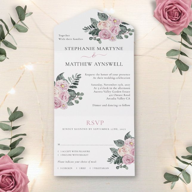 Invitation Tout En Un Mariage à l'aquarelle poussiéreuse Roses Fleurs ro (Créateur téléchargé)