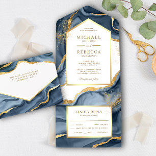 Invitation Tout En Un Mariage à l'encre fluide abstraite bleu marine et 