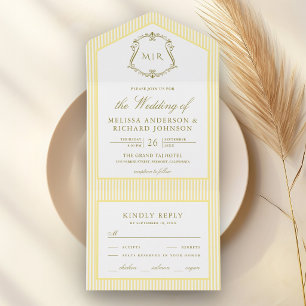 Invitation Tout En Un Mariage à monogramme à crête rayée jaune classique