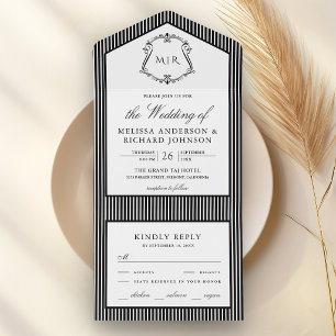 Invitation Tout En Un Mariage à monogramme à crête rayée noir et blanc