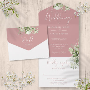 Invitation Tout En Un Mariage à Monogramme de Rose Poussiéreuse de Verdu