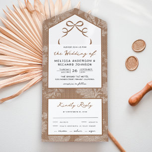 Invitation Tout En Un Mariage à nœud coquette beige marron blanc dentell