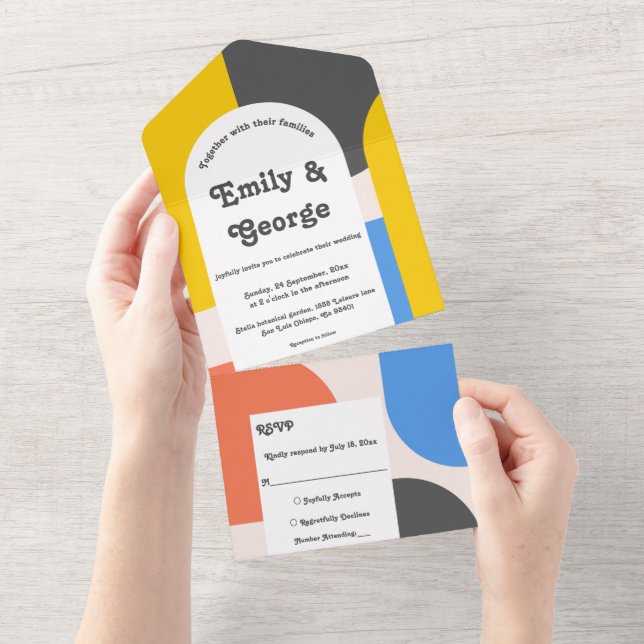 Invitation Tout En Un Mariage Abstrait moderne Black Gold Blue (Déchirure)