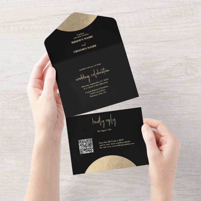 Invitation Tout En Un Mariage Abstrait moderne Noir & Or contemporain (Déchirure)