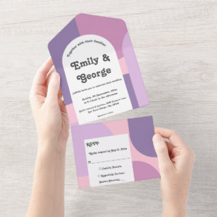 Invitation Tout En Un Mariage Abstrait moderne violet rose pastel Retro