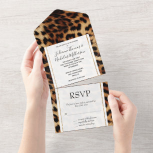 Invitation Tout En Un Mariage animal léopard à crème Brown