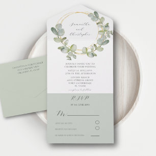 Invitation Tout En Un Mariage aquarelle Eucalyptus Verdure & Or