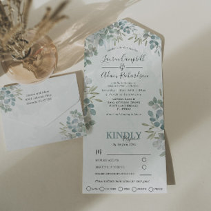 Invitation Tout En Un Mariage aquarelle eucalyptus vert sauge
