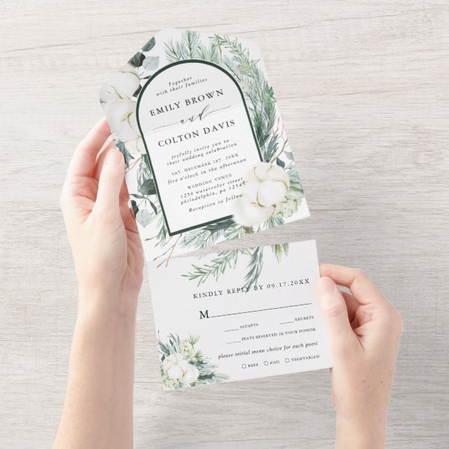 Invitation Tout En Un Mariage Arch Fleurs à feuillage persistant et coto (Déchirure)