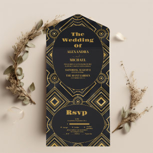Invitation Tout En Un Mariage Art déco Diamond Noir et Or