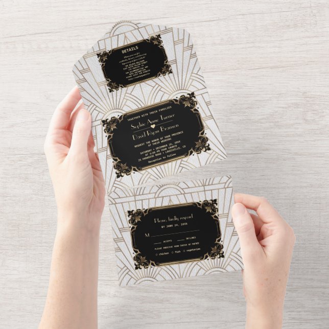 Invitation Tout En Un Mariage Art Déco Gatsby le Magnifique Or Noir Blan (Déchirure)