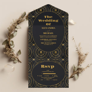 Invitation Tout En Un Mariage Art déco noir et or glamour