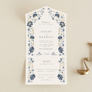 Invitation Tout En Un Mariage Art Nouveau Bleu Nuit Or Floral