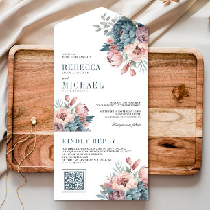 Invitation Tout En Un Mariage au code QR floral rose et bleu poussiéreux