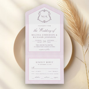 Invitation Tout En Un Mariage au monogramme de blason rayé lavande paste