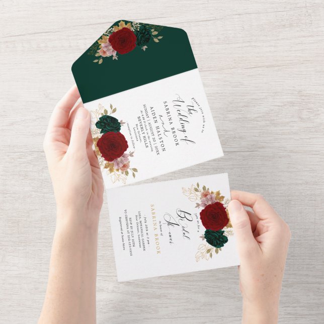 Invitation Tout En Un Mariage aurifère bordeaux émeraude vert d'automne (Déchirure)