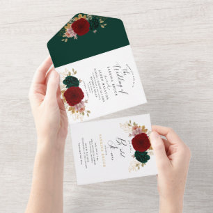 Invitation Tout En Un Mariage aurifère bordeaux émeraude vert d'automne