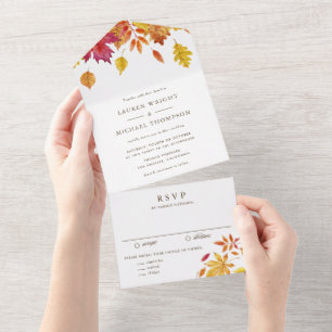 Invitation Tout En Un Mariage automnal aux feuilles tombantes aquarelle