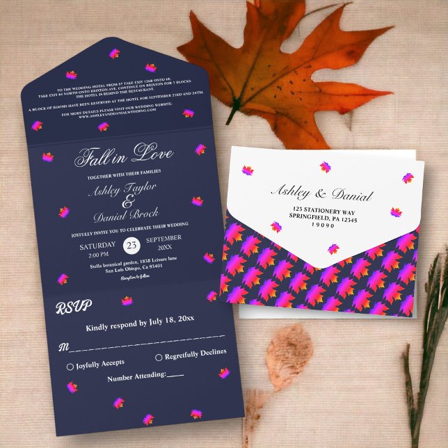 Invitation Tout En Un Mariage automnal chic rustique bleu marine (Créateur téléchargé)