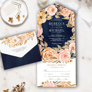 Invitation Tout En Un Mariage Automne Rustique Terreux Floral Bleu Nuit