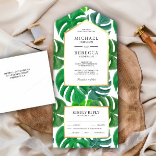 Invitation Tout En Un Mariage aux Feuilles Tropicales Vertes de Monstera