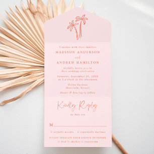 Invitation Tout En Un Mariage aux Palmiers Dessinés à la Main Rose Moder