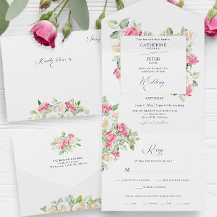 Invitation Tout En Un Mariage aux Roses en Aquarelle Rose Pâle/Ivoire Ro
