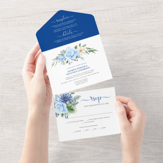 Invitation Tout En Un Mariage aux Roses et Dahlias Bleus et Blancs (Déchirure)