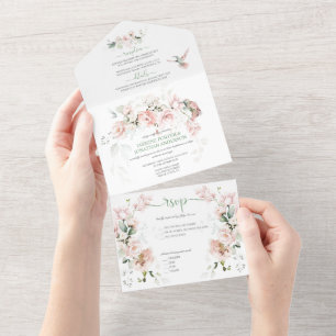 Invitation Tout En Un Mariage aux Roses Rose Pâle aux Colibris et au Ver