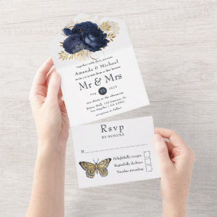 Invitation Tout En Un Mariage aux Roses Vintage Shabby Bleu Marine et Or