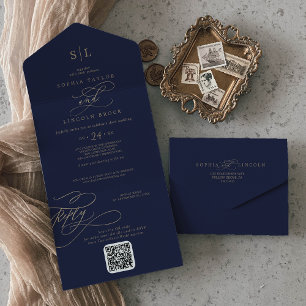 Invitation Tout En Un Mariage avec code QR monogramme or romantique et m