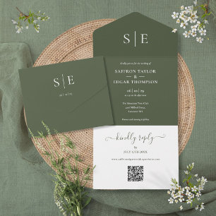 Invitation Tout En Un Mariage avec code QR Monogramme vert olive