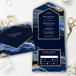 Invitation Tout En Un Mariage avec un marbre d'agate bleu marine et or
