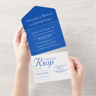 Invitation Tout En Un Mariage blanc bleu cobalt simple et épuré