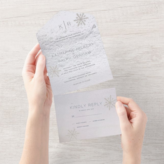 Invitation Tout En Un Mariage blanc hiver Silver Snowflake tout en un (Déchirure)