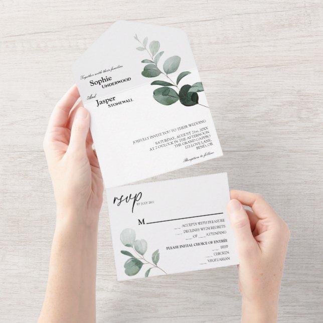 Invitation Tout En Un Mariage blanc vert moderne (Déchirure)