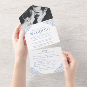 Invitation Tout En Un Mariage bleu blanc feuille photo repas RSVP
