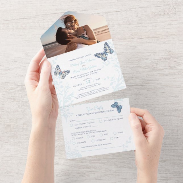 Invitation Tout En Un Mariage bleu crème papillons photo repas RSVP (Déchirure)