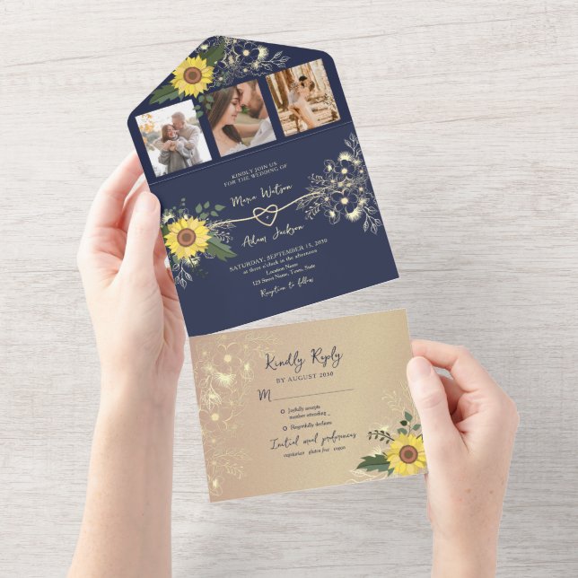 Invitation Tout En Un Mariage bleu de la marine Sunflower Boho (Déchirure)
