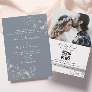 Invitation Tout en un Mariage bleu Dusty Code QR