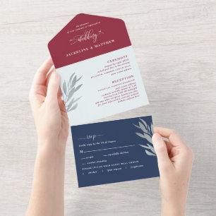 Invitation Tout En Un Mariage bleu et bordeaux moderne avec RSVP perforé