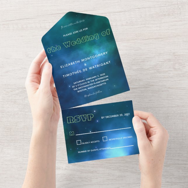 Invitation Tout En Un Mariage bleu foncé et galaxie verte (Déchirure)